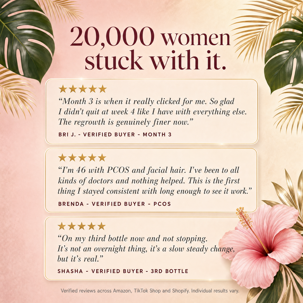 Five-star customer reviews from verified buyers describing finer regrowth by month three and slow steady change over several bottles
