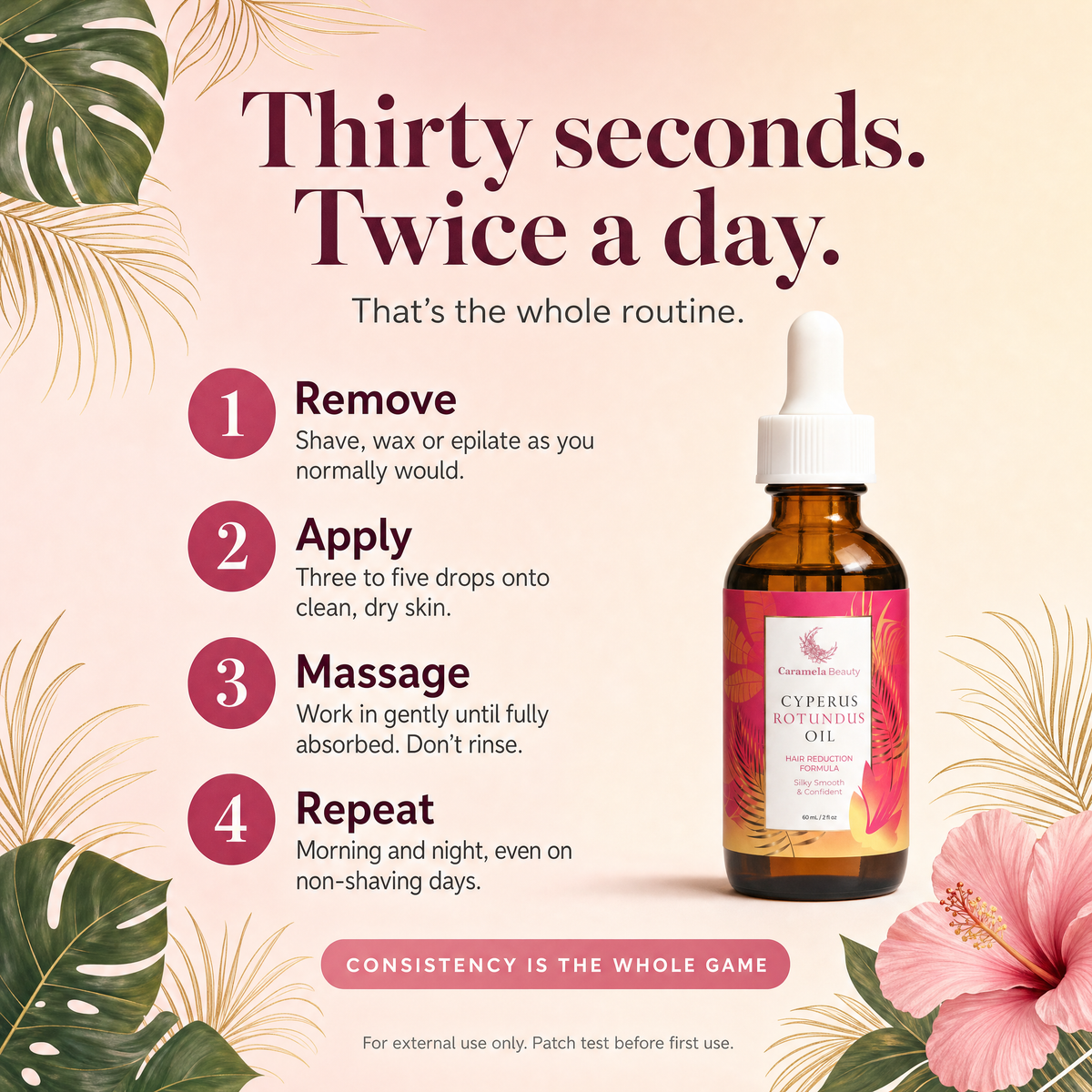 How to use in thirty seconds twice a day: remove hair as usual, apply three to five drops, massage until absorbed, repeat morning and night