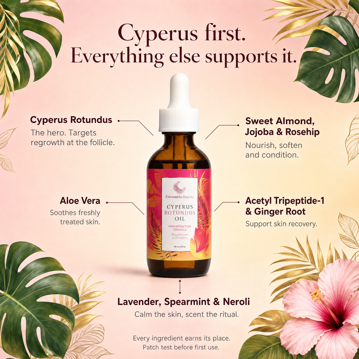 Cyperus first, everything else supports it: cyperus rotundus, sweet almond, jojoba and rosehip, aloe vera, acetyl tripeptide-1 and ginger root, lavender, spearmint and neroli