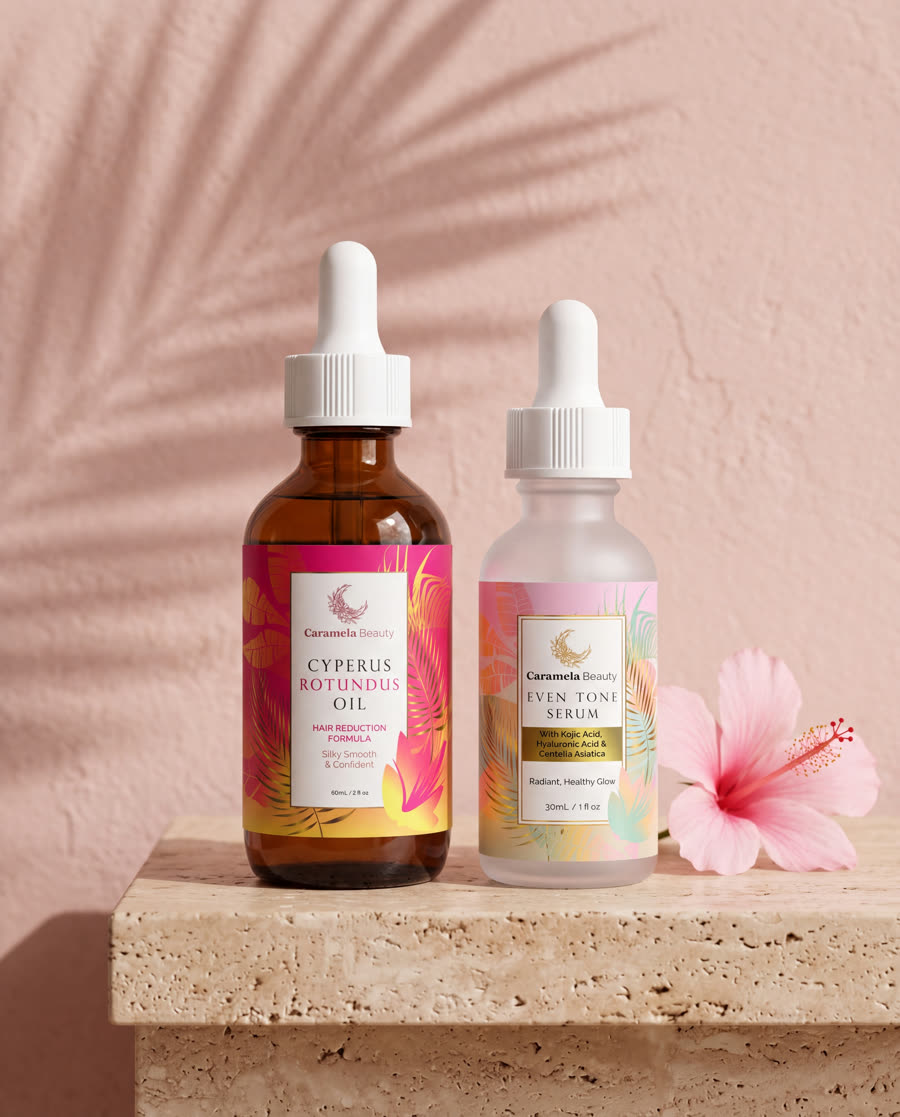 Caramela Cyperus Rotundus Oil and Even Tone Serum on travertine