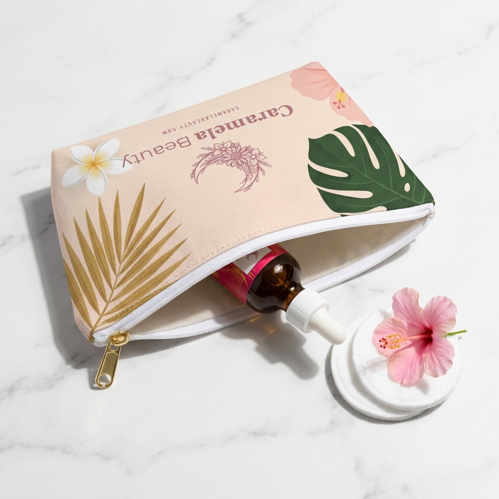 Unzipped Caramela tropical pouch on marble with the Cyperus oil bottle inside, cotton pads and hibiscus