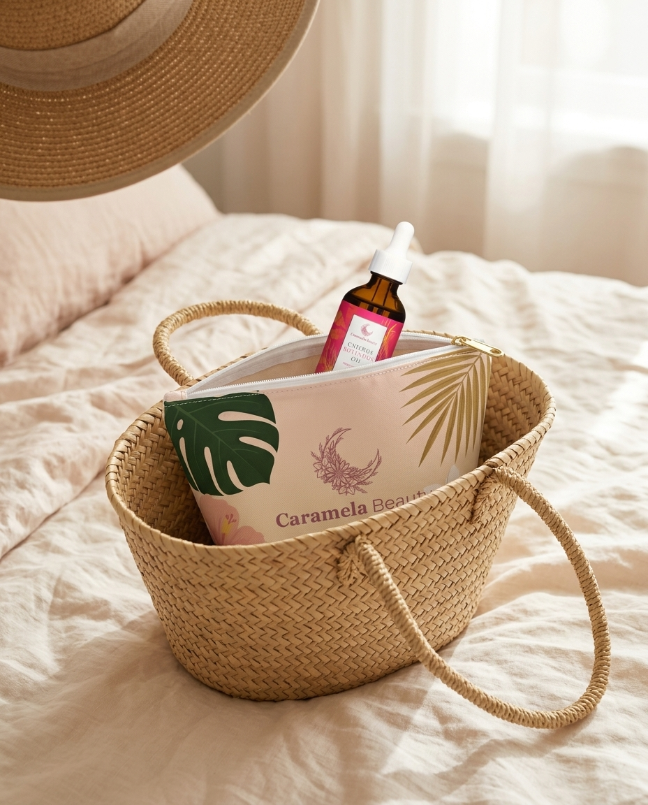 Caramela tropical pouch with the oil bottle peeking out, packed in a straw tote on a bed