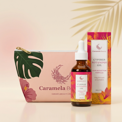 Caramela tropical accessory pouch with Cyperus Rotundus Oil bottle and box on a blush studio backdrop