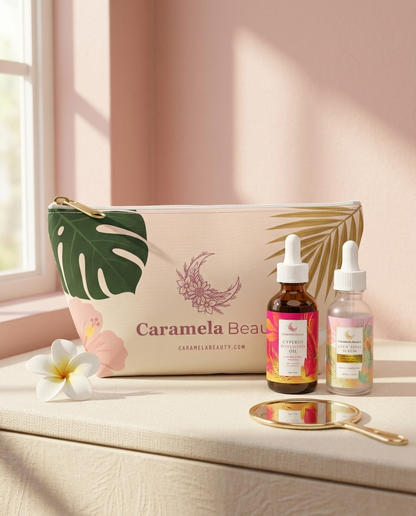 Caramela tropical pouch on a vanity with the Cyperus oil and Even Tone Serum bottles