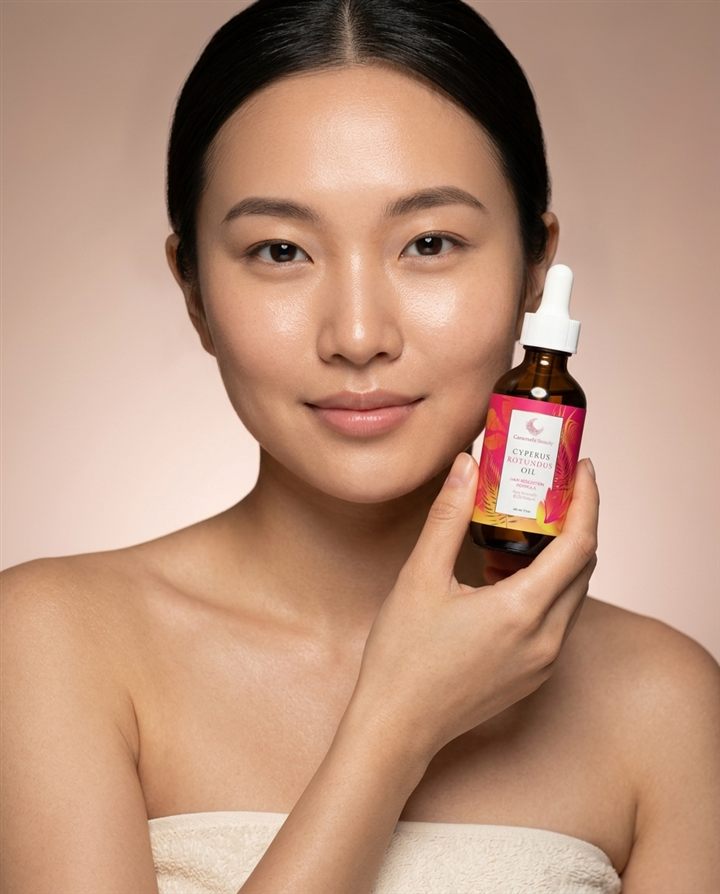 Close-up of a woman with glowing skin holding the Caramela oil bottle at her jawline