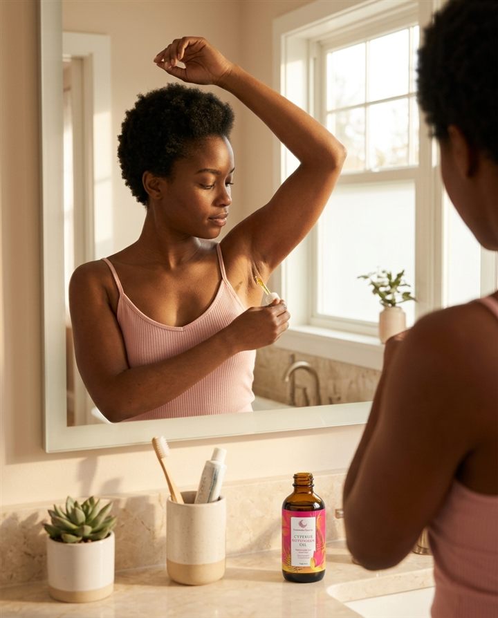 Woman applying a drop to her underarm during her morning routine