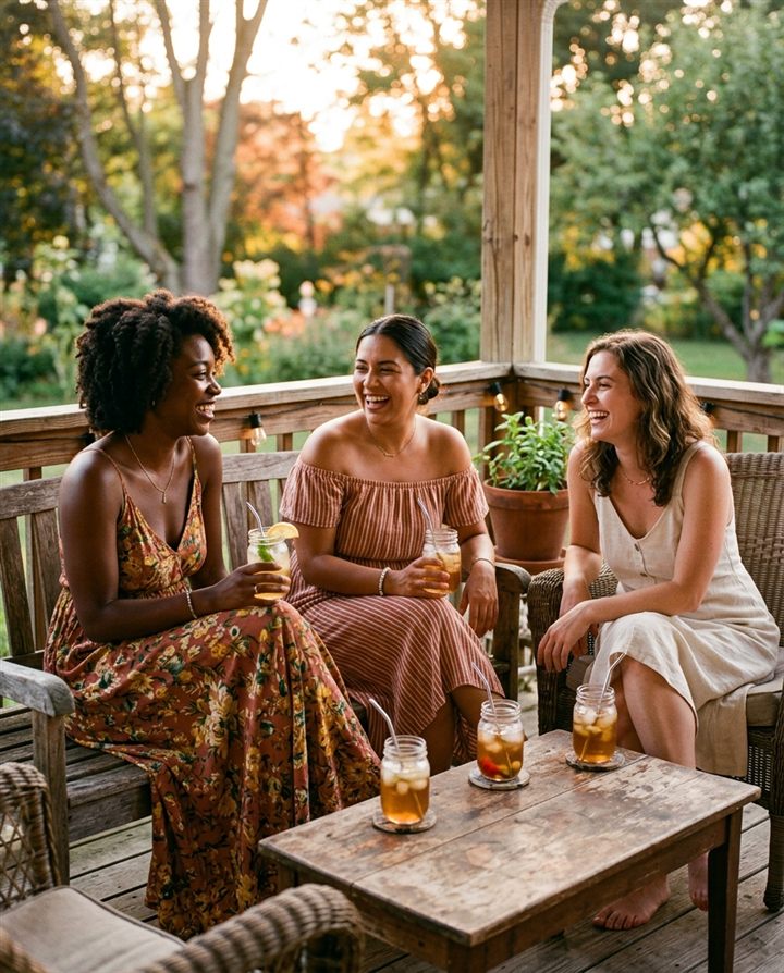 Three friends laughing together on a porch at golden hour