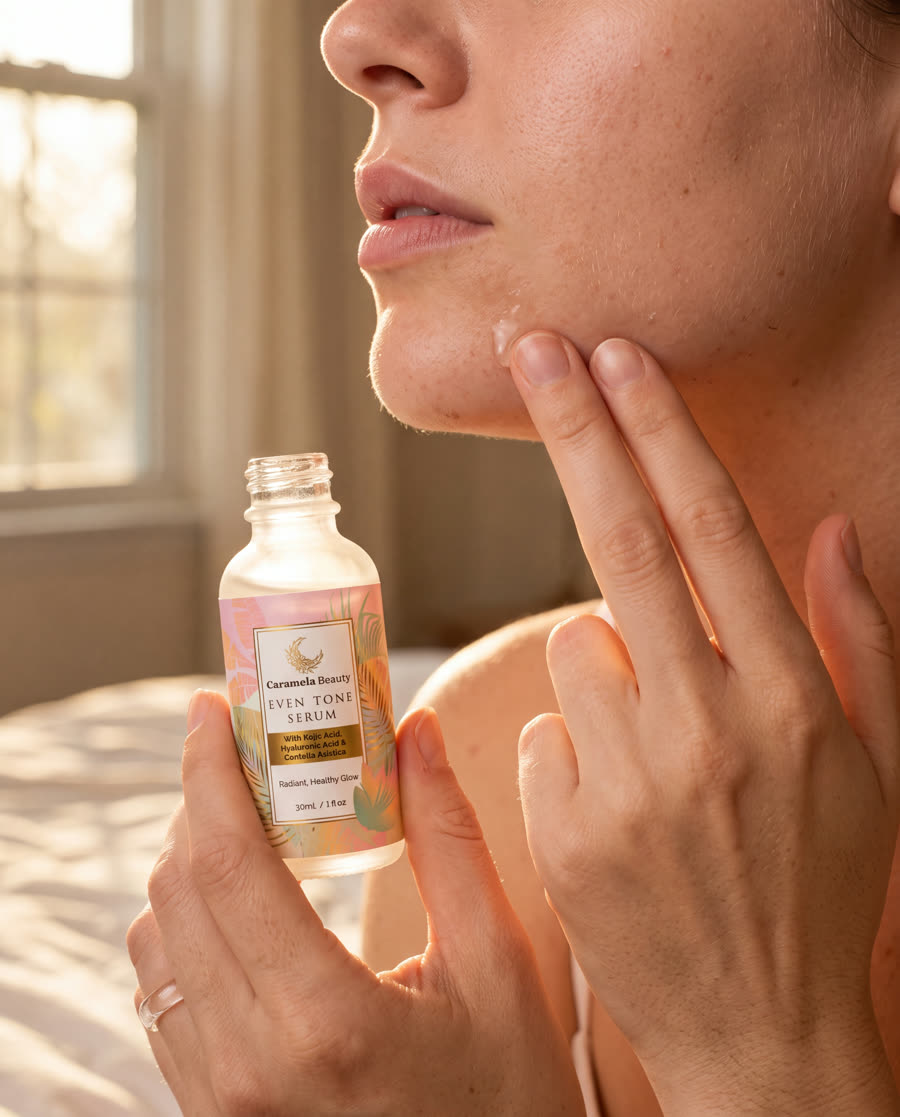 Woman pressing Even Tone Serum into her jawline