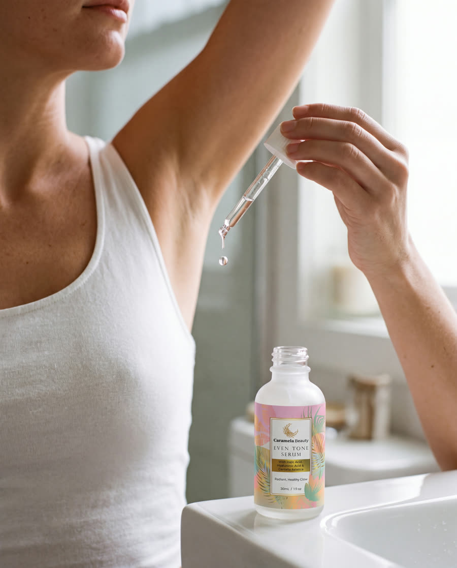 Woman applying a clear drop of Even Tone Serum to her underarm